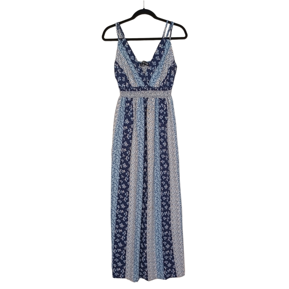 HAUTE FOX Blue Navy Floral Print Stripe Smocked Sleeveless Boho Maxi Dress 1X